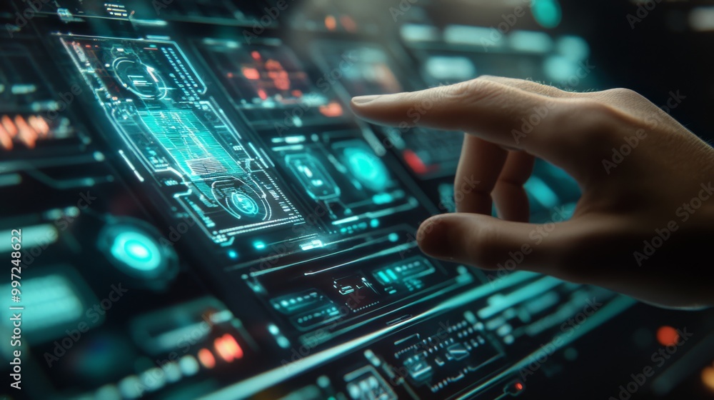Poster a hand reaches out to manipulate a glowing holographic interface that presents multiple it solutions