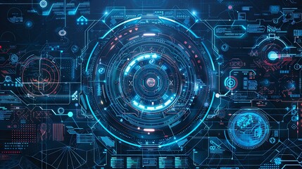 Futuristic digital interface featuring circular patterns, glowing elements, and intricate data displays, representing advanced technology and cybersecurity themes.