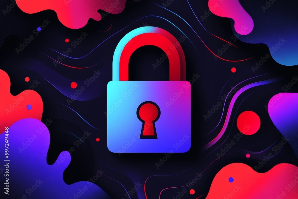 Poster bold red and blue padlock floating on an abstract digital background with neon accents representing 