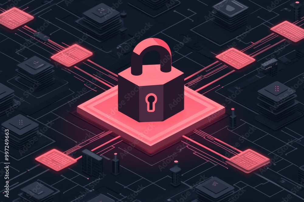 Poster pink and black digital circuit with glowing padlock showcasing encryption data protection and cybers