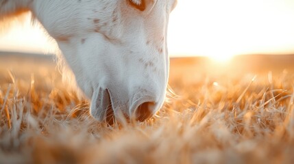 This image presents a close-up view of a white horse's muzzle as it grazes on grass, illuminated by the warm sunlight, capturing the peaceful essence of pastoral life.