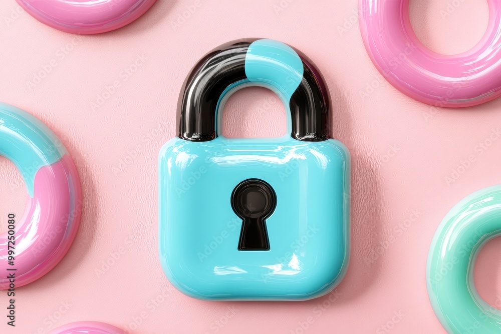 Poster pink and turquoise padlock with bubble accents on a glossy surface symbolizing data security and enc