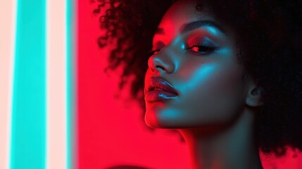 A chic woman in bright neon lighting shows off futuristic styling and strong, confident beauty with vivid red and blue hues accentuating her striking features.