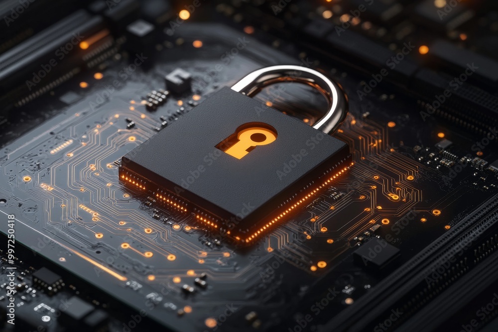 Poster sleek metallic padlock on a glowing circuit board symbolizing data protection encryption and modern 