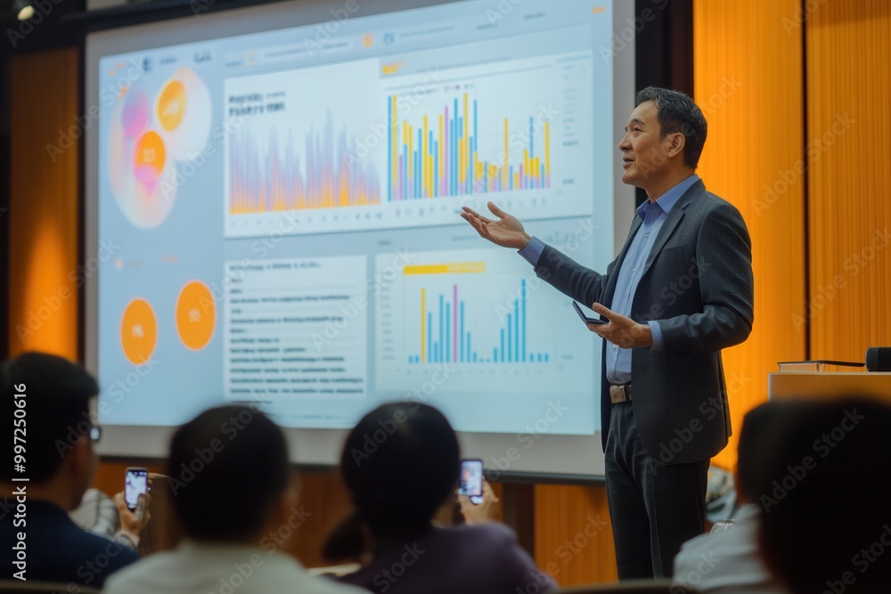 Fototapete An expert delivers a dynamic presentation on data analysis, utilizing vibrant charts to engage and inform the audience during the conference. Generative AI