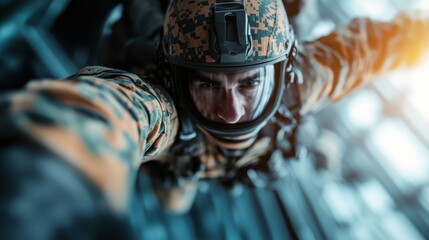 An action-ready soldier dressed in camouflage gear is captured during a mission, highlighting the equipment, gear, and intensity of focus typical in military operations.
