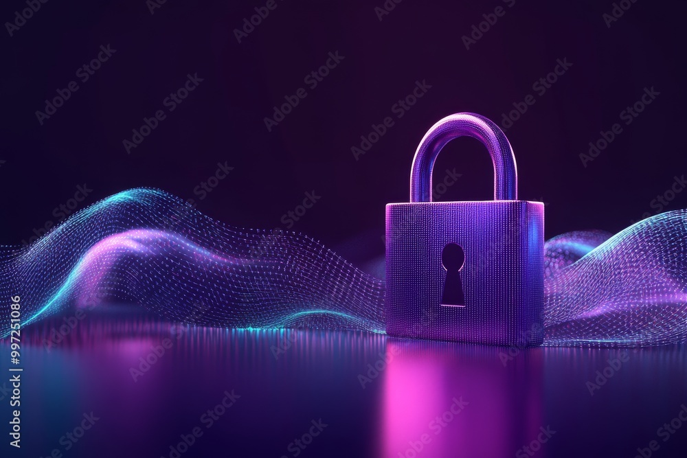 Poster glowing purple padlock resting on a wavy digital landscape symbolizing encryption data security and 
