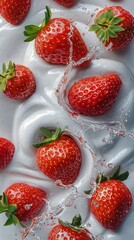 Juicy Strawberries Dive Into Cream with Splashing Water Creating a Refreshing and Lifelike Scene of Summer Indulgence and Flavor Burst.