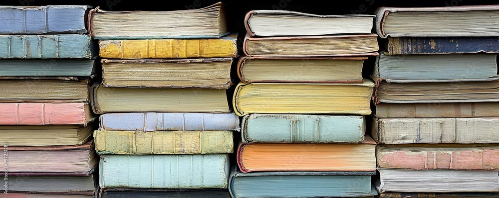 Poster stacked old books display on a shelf