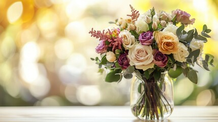Obraz premium A vibrant bouquet of mixed roses and flowers is elegantly displayed in a glass vase on a softly textured wooden table. Generative AI