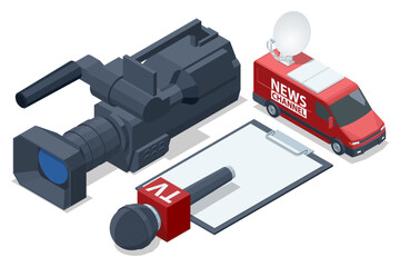 Isometric Broadcast Car with Satellite Dish. Car TV. Television Network. TV Live News Program.