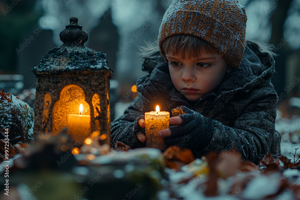 Poster A young boy carefully placing a candle in a lantern next to a gravestone, learning the traditions of All Saints' Day from his family.