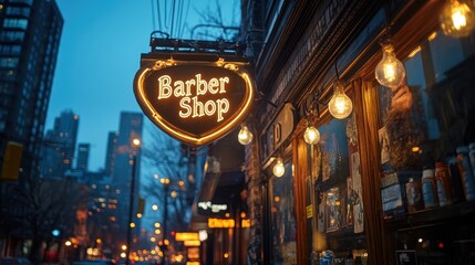 A vibrant evening city street scene featuring a glowing neon Barber Shop sign, with bustling urban environments and buildings visible in the background