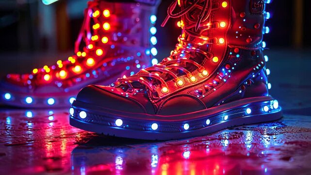 Colorful light-up roller skates on a dark background, glowing with bright LED lights.