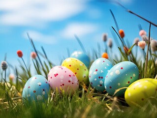 Fototapeta premium Colorful Easter eggs scattered in lush grass under a bright blue sky, surrounded by delicate flowers, capturing the essence of springtime joy.