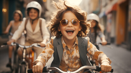 Happy stylishly dressed kids on bikes.