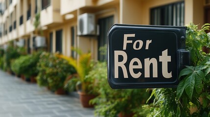 The image captures a close-up view of a For Rent sign placed alongside a row of potted plants and greenery in front of a residential building on a sunny day