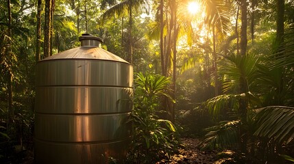 Fototapeta premium Large stainless steel tank standing proudly within a lush tropical forest, surrounded by towering palm trees and dense undergrowth, sunbeams filtering through leaves