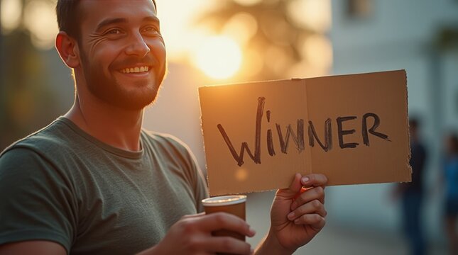 Win concept image with a man winner holding a cup and sign Winner