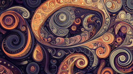 An illustration of an intricate paisley pattern with detailed swirls and rich colors.