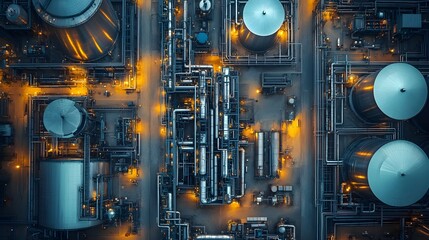 Fototapeta premium Panoramic aerial view of a stainless steel tank farm, showcasing the geometric arrangement of tanks against a backdrop of industrial buildings and machinery