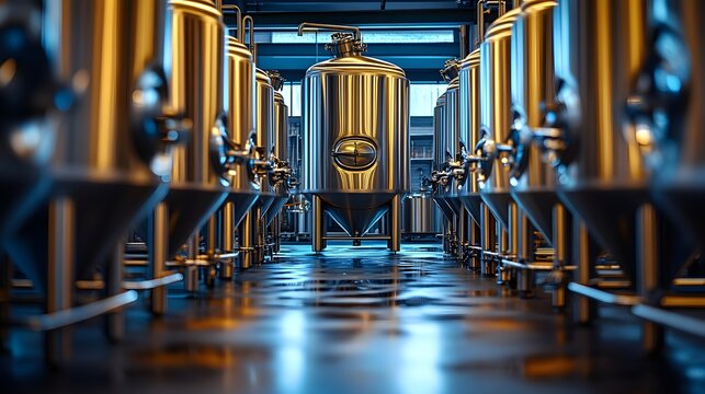 Perspective shot of a towering stainless steel fermentation tank, surrounded by advanced brewing equipment in a minimalist, modern brewery