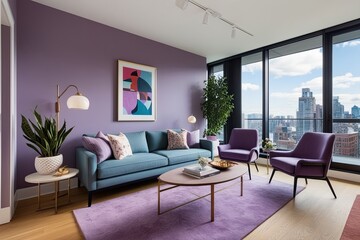 Fototapeta premium Stylish Urban Apartment with Contemporary Living Room Lavender Walls and Stunning City View