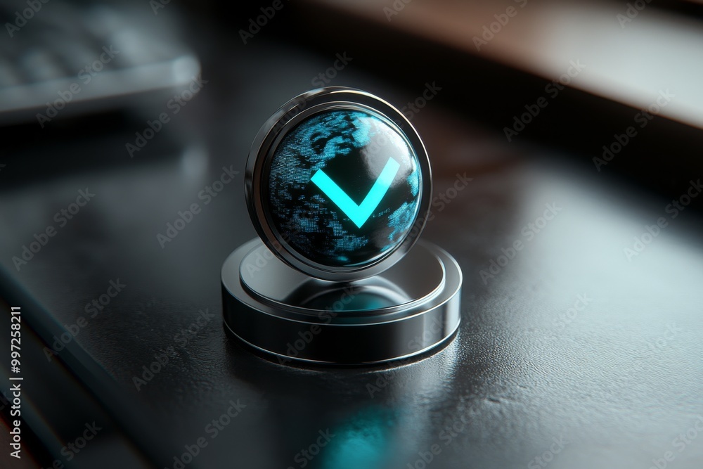 Aufkleber black and silver glass globe with a cyan checkmark representing data approval cyber security and dig