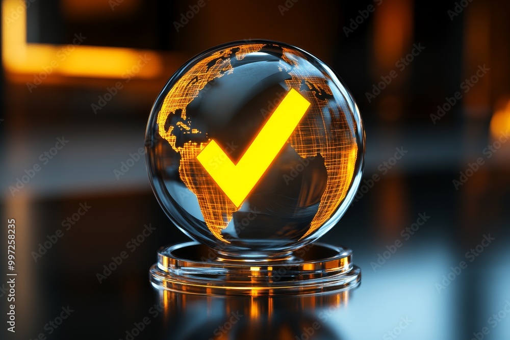 Poster transparent glass globe with a yellow checkmark glowing inside symbolizing international verificatio