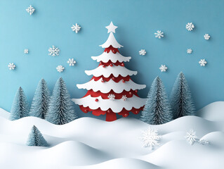 Merry Christmas holiday design, paper cut out Xmas tree toy decoration with snowflakes, snow on blue background for greeting card, banner, poster, postcard, paper cut art style