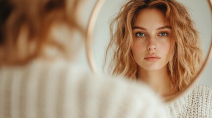 A woman with flowing hair and freckles gazes into a circular mirror, capturing a moment of reflection and introspection in a softly lit environment.
