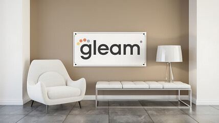 Modern white chair and bench in a waiting room with a "gleam" logo, perfect for interior design and business concepts. 
