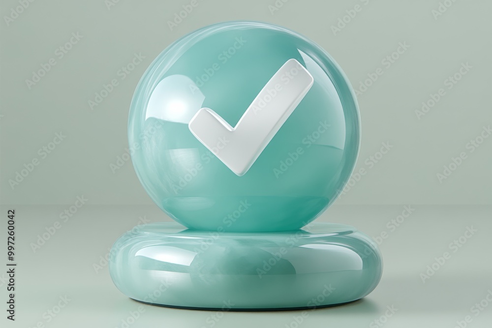 Poster transparent teal glass sphere with a glowing white checkmark representing secure validation global d