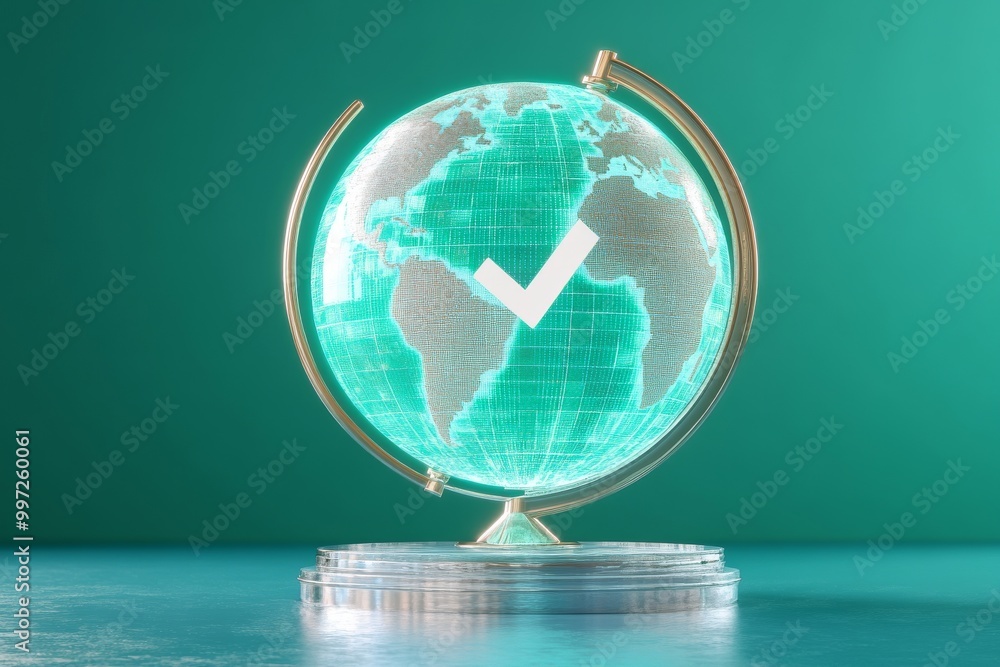 Poster holographic green globe with a glowing checkmark symbolizing digital security data approval and cybe