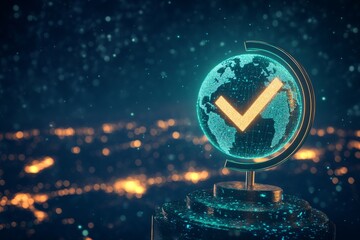 Glowing checkmark within a holographic globe symbolizing digital verification cybersecurity and data approval in a futuristic environment
