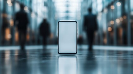 A smartphone confidently standing upright on a reflective surface in a sleek, modern hallway with blurred figures in the background, emphasizing technology and connectivity.