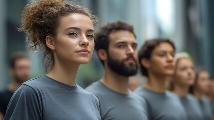 Obraz premium A subtle display of unity with a community group in gray shirts, highlighting balance and neutrality in design, copy space, inclusive atmosphere, surreal, Fusion, city plaza backdrop