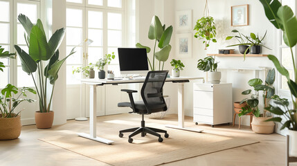 A spacious, bright home office with a desk, ergonomic chair and large green plants, illuminated by natural light through tall windows, creates a calm and productive workspace.