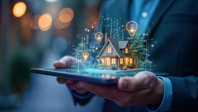 A businessman holds a tablet displaying a glowing house model, symbolizing innovation in real estate. Ideal for marketing, investment strategies, and showcasing modern home concepts - Powered by Adobe