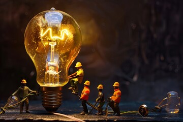 Creative scene depicting miniature figures collaborating to illuminate a large light bulb, symbolizing innovative ideas and teamwork.