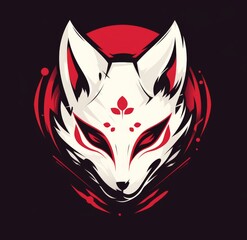 A striking white kitsune mask with red trim and innovative designs, presented in a vector logo style against a bold black background.