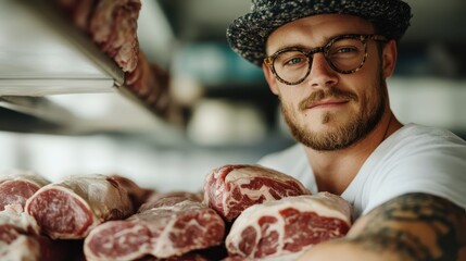 A butcher wearing a hat showcases freshly cut pieces of meat, emphasizing quality and craftsmanship in a bustling, well-stocked butcher's shop.