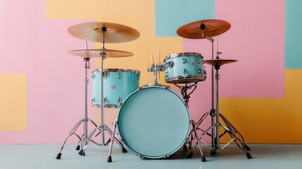 A complete mint green drum set positioned on a pastel colored backdrop in a studio setup, showcasing its sleek design with chrome accents and a modern aesthetic.