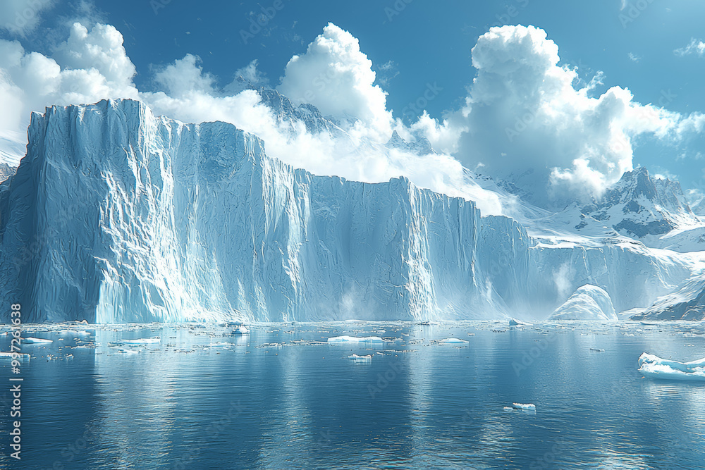 Poster an impressive view of a massive glacier slowly calving into the sea, with icebergs floating in the w