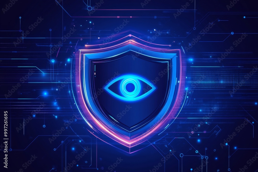 Poster blue eye shield glowing on a digital background representing data monitoring privacy protection and 