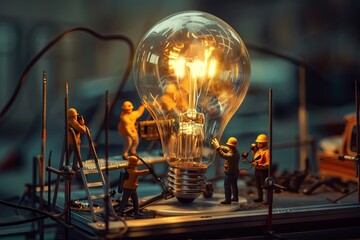 Creative scene depicting miniature figures collaborating to illuminate a large light bulb, symbolizing innovative ideas and teamwork.