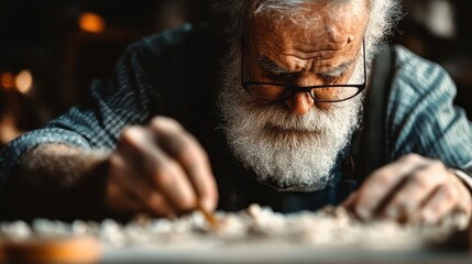 A focused elderly man concentrates on engraving small items on a wooden table using a tool, demonstrating skilled craftsmanship and dedication.