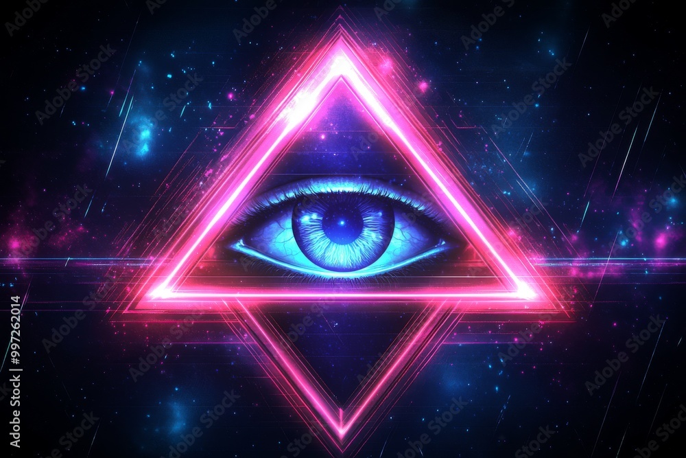 Poster abstract glowing eye inside a triangle representing data privacy ai surveillance and cybersecurity p