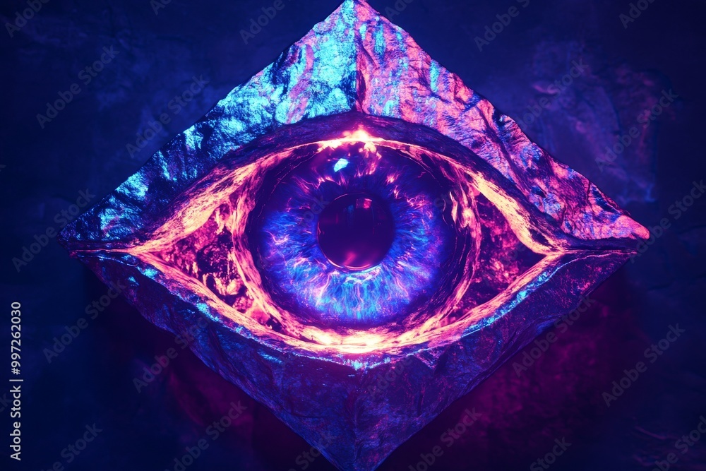 Poster futuristic glowing eye embedded in a crystal pyramid symbolizing ai surveillance data security and d