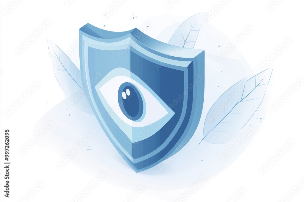 Poster minimalist shield with an eye icon in pastel tones representing data protection privacy monitoring a